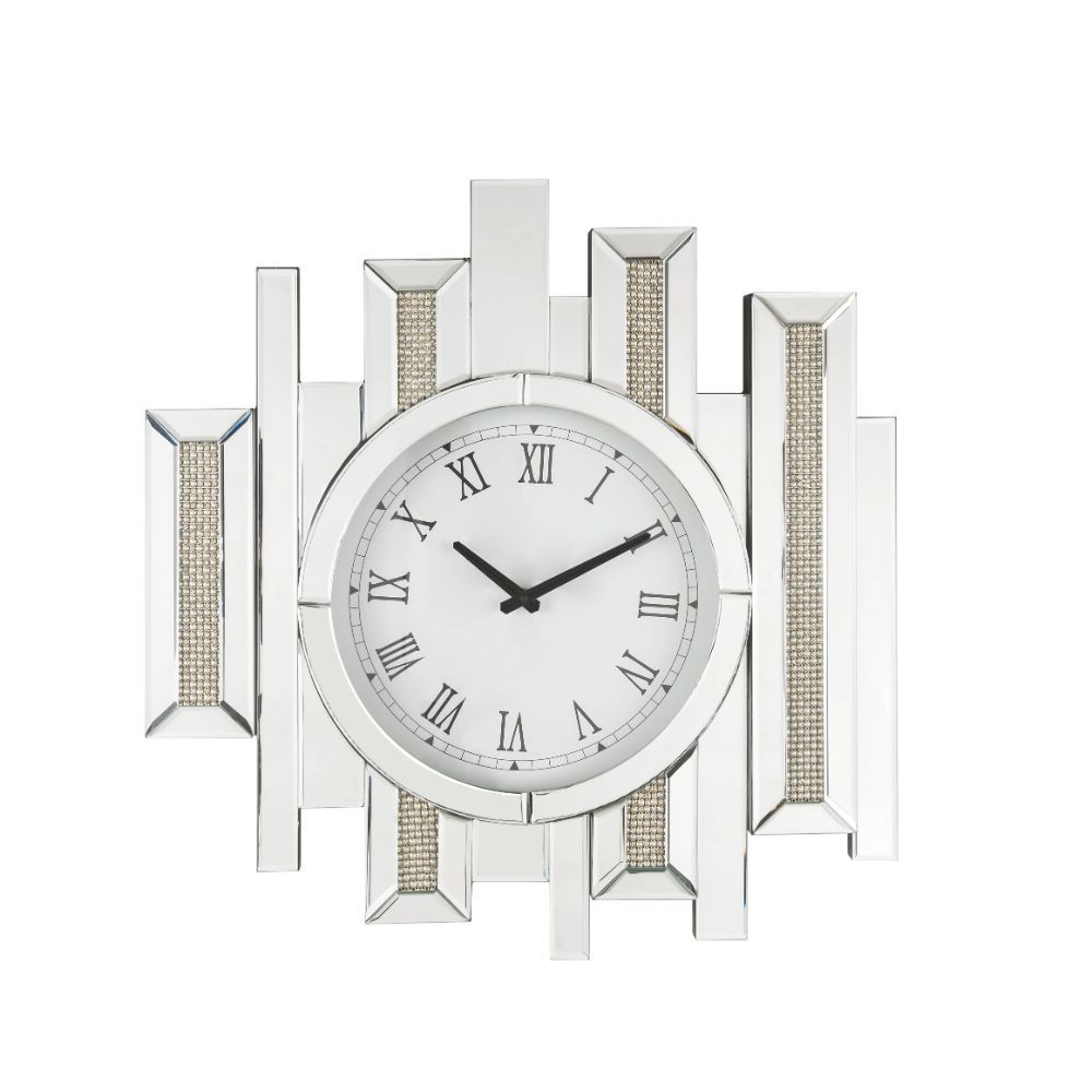 This Lavina irregular wall clock is covered in beveled mirrored panels that highlight its glamorous style. Featuring crushed acrylic faux diamonds that will naturally attract the eye. Durable engineered wood supports the frame. The clock face comes with a