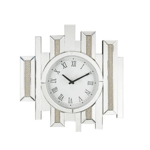 This Lavina irregular wall clock is covered in beveled mirrored panels that highlight its glamorous style. Featuring crushed acrylic faux diamonds that will naturally attract the eye. Durable engineered wood supports the frame. The clock face comes with a