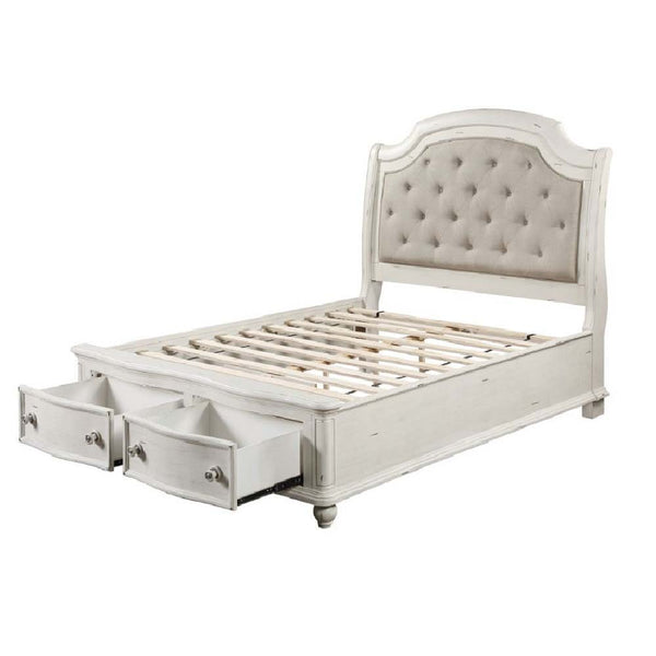Jaqueline - Ek Bed With Storage - Light Gray Linen & Antique White Finish