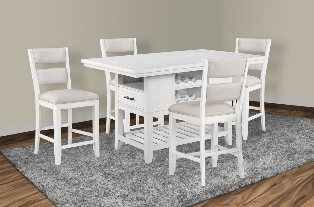 Bring a fresh look to your dining space with this breezy counter height group. The table has an array of design features, including drawers, bottle storage, and an open bottom shelf. Ladderback chairs and bench are upholstered in a Chevron pattern fabric 