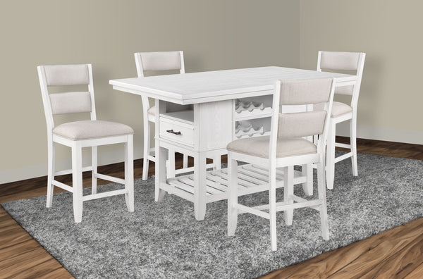 Bring a fresh look to your dining space with this breezy counter height group. The table has an array of design features, including drawers, bottle storage, and an open bottom shelf. Ladderback chairs and bench are upholstered in a Chevron pattern fabric 