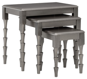 Add a uniquely chic touch to your nest with this 3-piece nesting table set. Finished in a metallic gray for a hint of sheen, this fabulous threesome takes contemporary form and functionality to another level.<br><br><b>Additional Dimensions</b><br><ul><li
