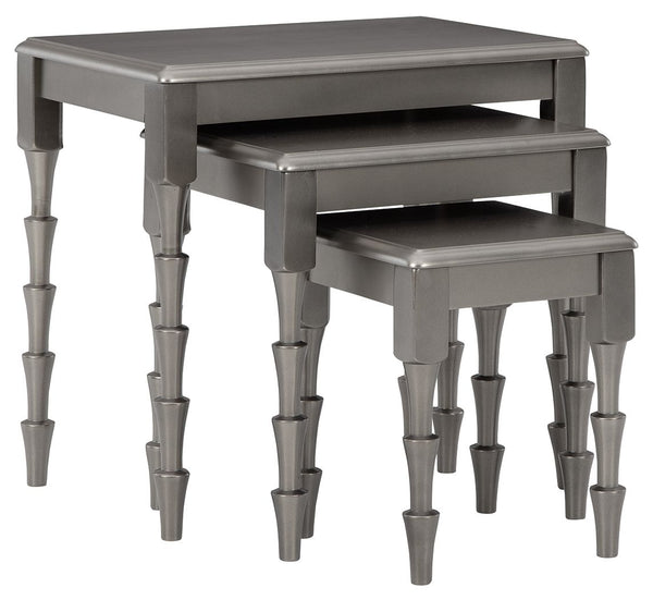 Add a uniquely chic touch to your nest with this 3-piece nesting table set. Finished in a metallic gray for a hint of sheen, this fabulous threesome takes contemporary form and functionality to another level.<br><br><b>Additional Dimensions</b><br><ul><li