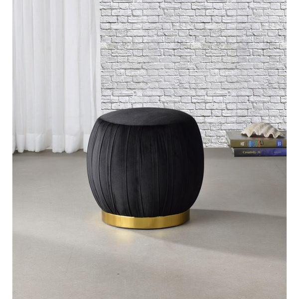 Assembled, Backless Round Ottoman (NO Storage) â€¢ Fully Padded Seat: Velvet â€¢ Armless â€¢ Wooden Inner Frame â€¢ Metal Round Base: Gold Finish<br/><br/><b>Product Features</b><ul><li>Round Ottoman</li><li>Stationary Seat</li><li>Armless (Backrest)</li>