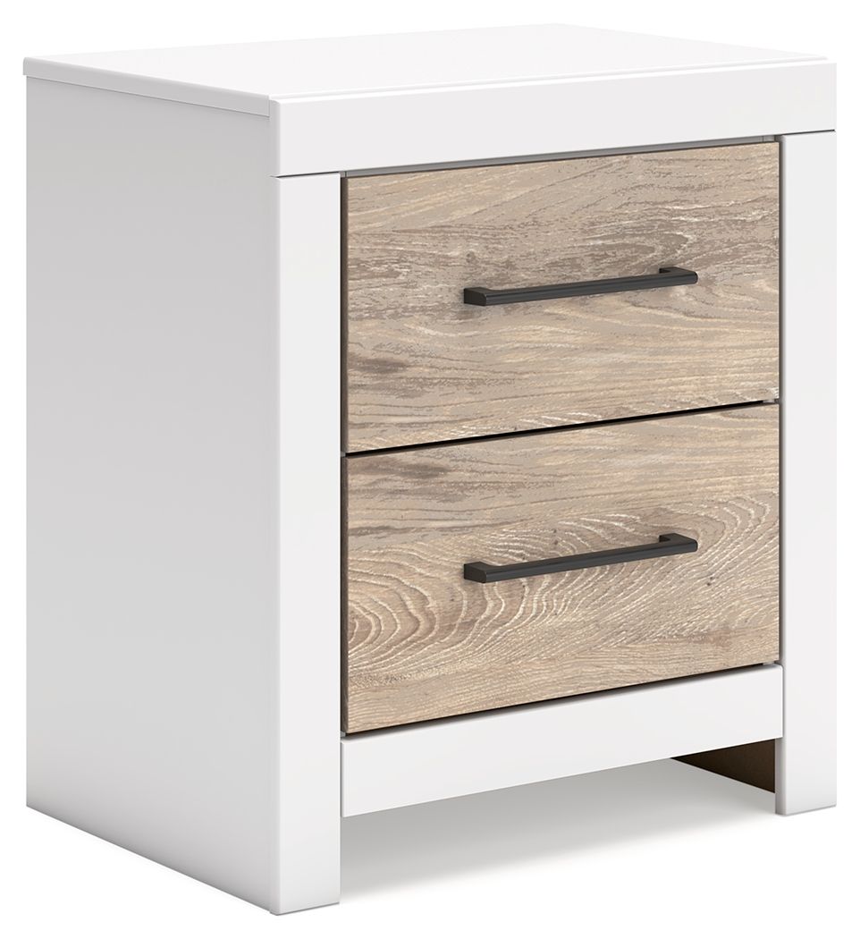 Relaxed yet striking, this nightstand brings casual beauty and function to your dream destination. A delightful two-tone treatment blends a fresh replicated oak grain with a matte white finish, while sleek handles in an antiqued gunmetal finish lend a con