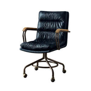 The Harith office chair brings comfort and style to any work space. Handsome, channel-seamed vintage top grain leather upholstery is complemented by a metal base with casters and metal frame armrests. It-'s Industrial design promise comfort and function a