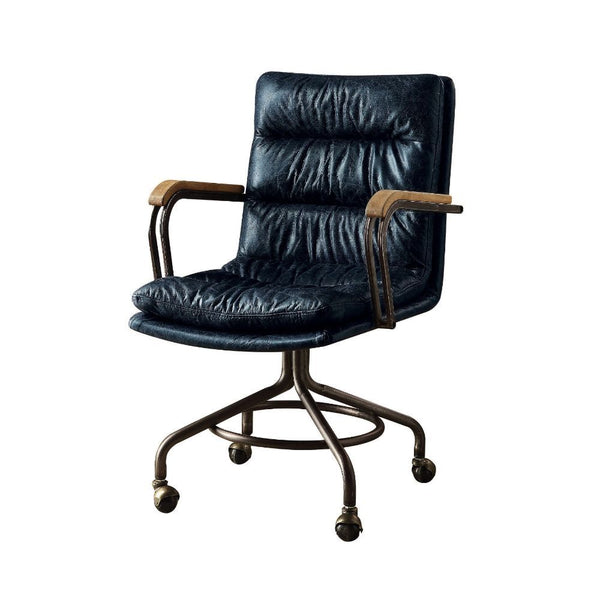The Harith office chair brings comfort and style to any work space. Handsome, channel-seamed vintage top grain leather upholstery is complemented by a metal base with casters and metal frame armrests. It-'s Industrial design promise comfort and function a