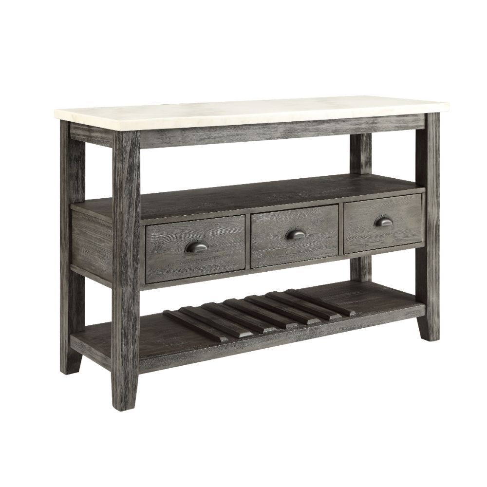 Rectangular Server Storage: 3 Drawers, 2 Open Compartments (2 Fixed Shelves: Bottom Shelf with Wine Bottle Holder) Marble Top Wood Tapered Leg, Drawers & Shelves: Gray Oak Finish Drawer: GLIDE Side Metal (Full Ext.), Felt-Lined All Drawers, Safety Stop In