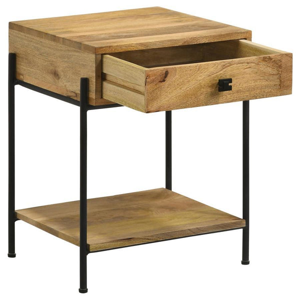  the natural-finish tabletop and open bottom shelf showcase rich wood grain variations