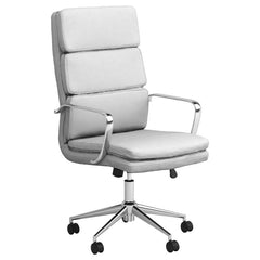 Update your workspace with this modern office chair. A chrome finish on the chair base and contoured arms are a modern touch as is the horizontal stitching on the seat back. This cushioned office chair features an ergonomically contoured back for ideal su