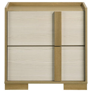  the nightstand features a sleek blend of natural wood tones and crisp white panels crafted from