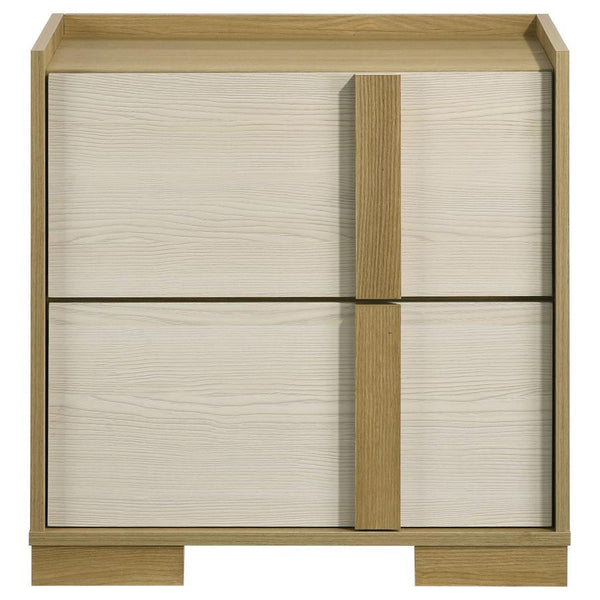  the nightstand features a sleek blend of natural wood tones and crisp white panels crafted from