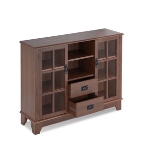  the Dubbs cabinet features both open storage and drawer and framed glass door storage. Featuring 2 lower drawers and flanking doors that open to useful adjustable 2 shelves