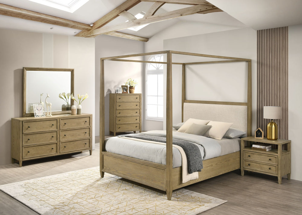 This bedroom set is a harmonious blend of rustic charm and modern simplicity, ideal for creating an inviting and warm atmosphere. The set features a stunning canopy bed as its centerpiece, which boasts a clean-lined frame and a natural wood finish that ex