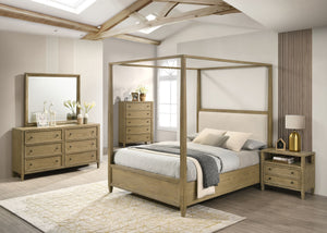 This bedroom set is a harmonious blend of rustic charm and modern simplicity, ideal for creating an inviting and warm atmosphere. The set features a stunning canopy bed as its centerpiece, which boasts a clean-lined frame and a natural wood finish that ex
