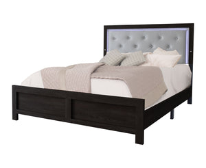 This bedroom suite offers a straightforward, modern design with a rich, dark finish that could seamlessly integrate into various decor styles. The set is pragmatic yet stylish, featuring clean lines and a simple, sturdy construction. The bed-'s headboard 