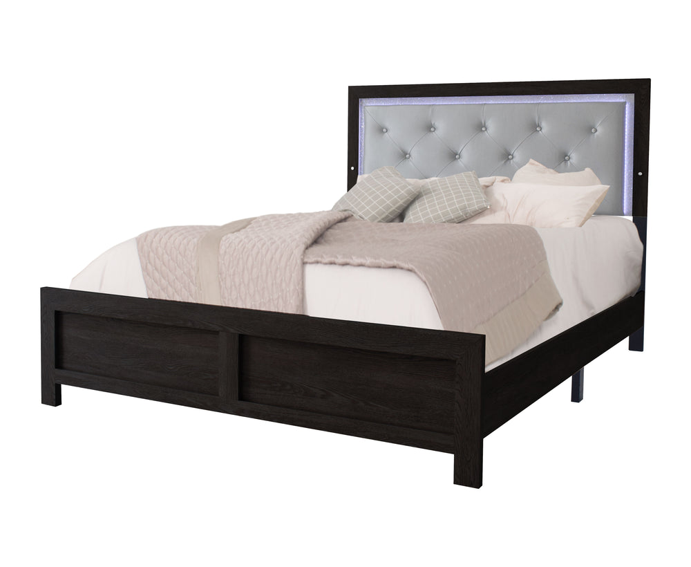 This bedroom suite offers a straightforward, modern design with a rich, dark finish that could seamlessly integrate into various decor styles. The set is pragmatic yet stylish, featuring clean lines and a simple, sturdy construction. The bed-'s headboard 