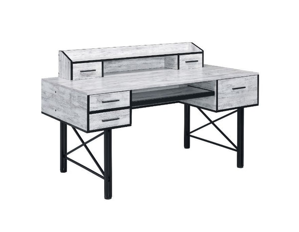Highlighting a bold, stunning and gorgeous mix, the Safea Desk features rustic casegood paired with a double pedestal metal base for a interesting contrast. Above the desk, there is a low open hutch with two small drawers that allows you place a computer 