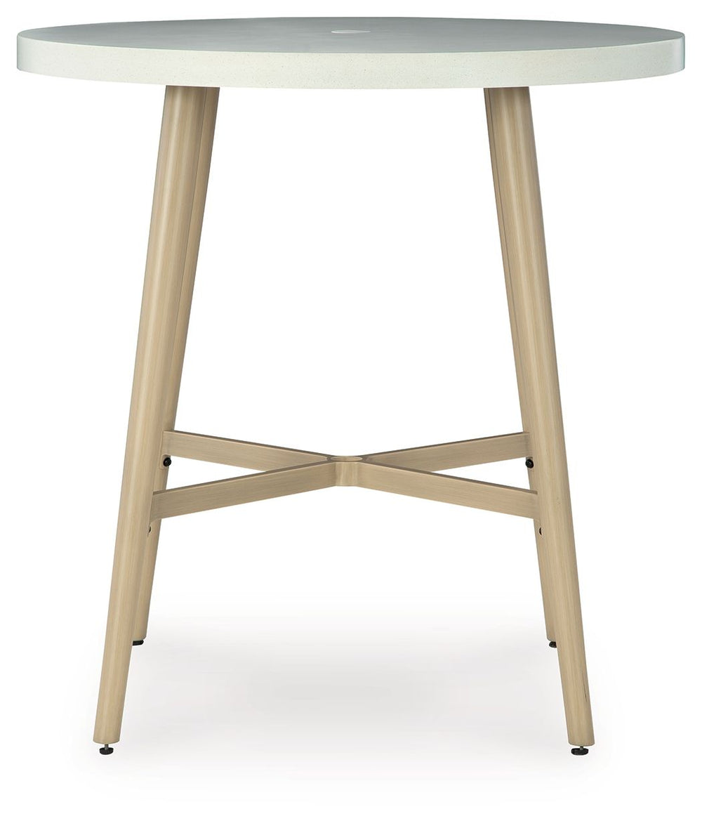 This bar table invites your casual contemporary style outdoors. With an elegant sintered stone top, it expertly marries refined design with durability. At this table, breezy summer mornings and cold winter nights are made all the more enjoyable.<br><br><b