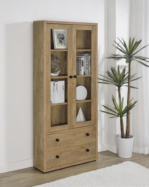  the cabinet features wood framed glass doors. They open 