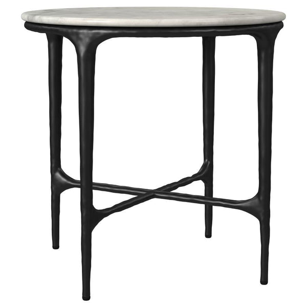 This round end table, crowned by genuine marble, lends sophisticated style to your living room. Its textured metal frame accentuates graceful lines, ensuring it shines as an accent table in both traditional and modern spaces. A side table thatâ€™s as func