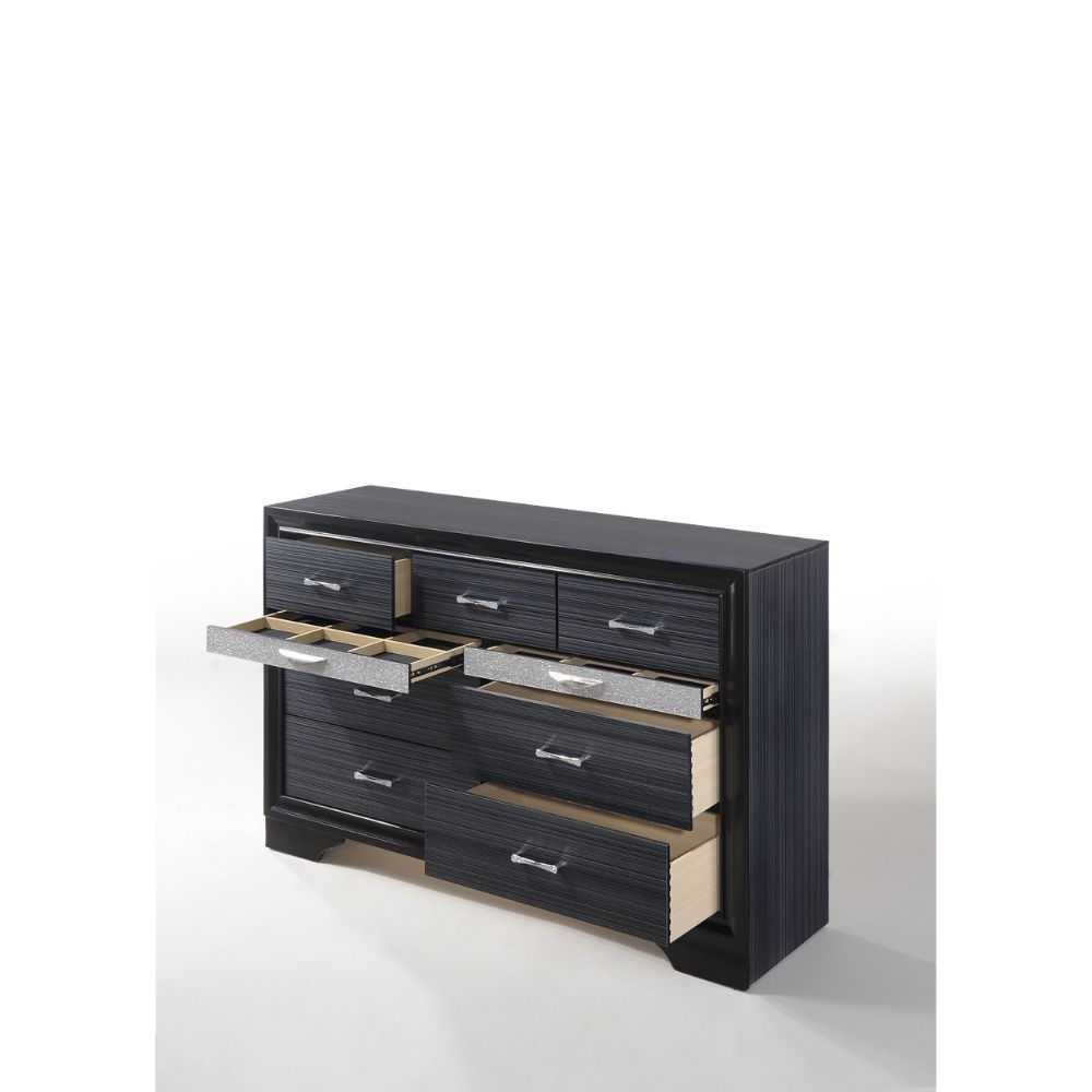 The Naima dresser offers a sophisticated look, clean lines and contemporary style. This black dresser features nine drawers, with the second drawer being a Felt-Lined jewelry drawer with compartments and front panel with crystal like inserts. Add this dre