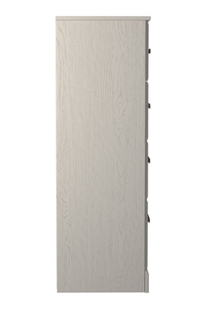  white hue over subtle replicated wood grain easily complements other furniture finishes. Smooth drawer fronts with antiqued pewter-tone handles compl