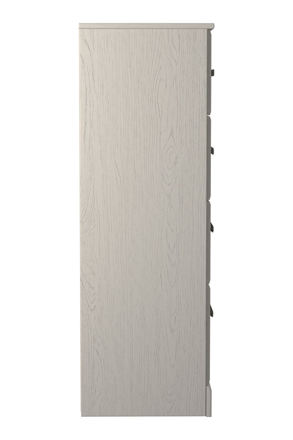  white hue over subtle replicated wood grain easily complements other furniture finishes. Smooth drawer fronts with antiqued pewter-tone handles compl