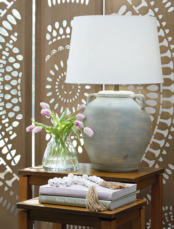  this is the table lamp youâ€™ve been looking for. A soothing antiqued green finish on the terra cotta base creates a relaxed charm that seamlessly blends with other decor in your entertainment space