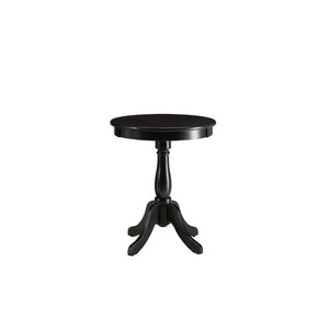 Offered in four colors: White, light yellow, black and light green in the sought after shabby chic look. The Alger side table exemplifies this look and elegantly designed with its traditional design of round top, shapely turned base and four stylized knee