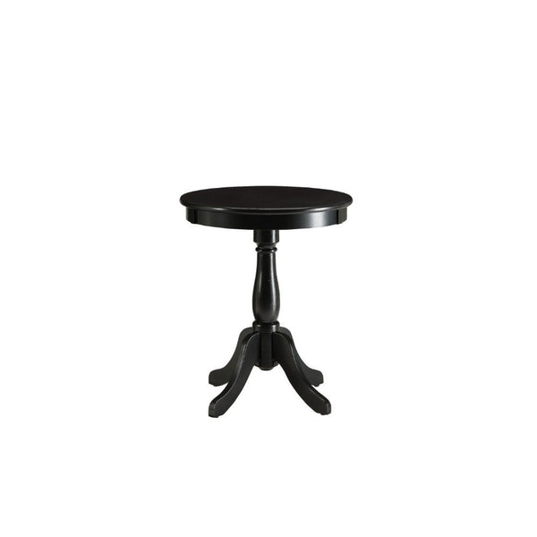 Offered in four colors: White, light yellow, black and light green in the sought after shabby chic look. The Alger side table exemplifies this look and elegantly designed with its traditional design of round top, shapely turned base and four stylized knee