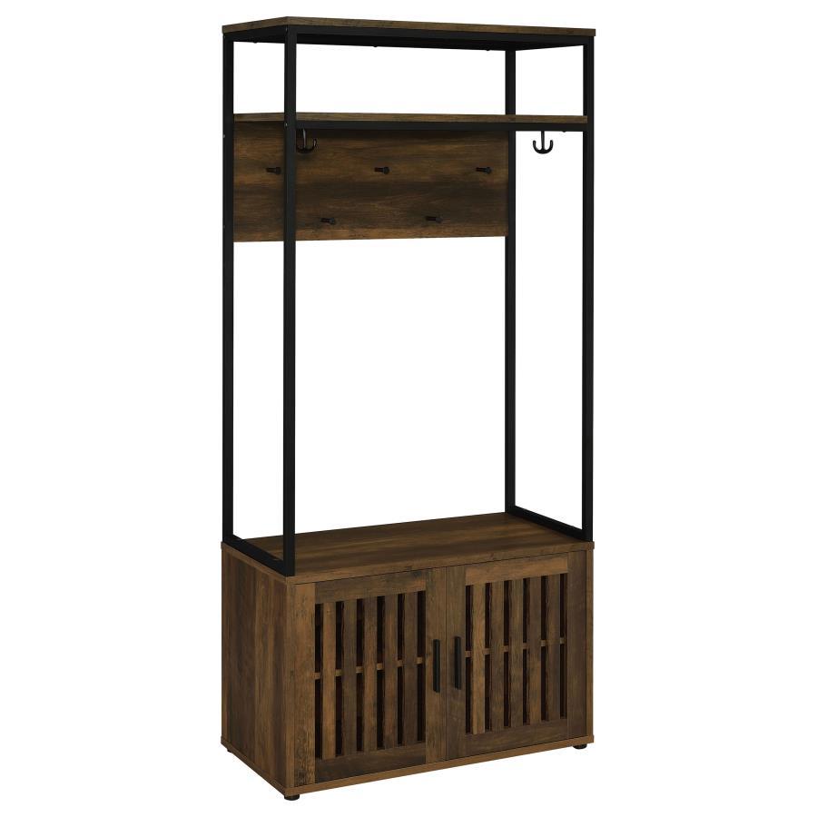 Your functional living space keeps clutter away with a rustic hall tree offering ample room for storage. Perfect for a transitional entryway or mud room, this hall tree features a lower cabinet and upper board made of rich dark pine finish wood products. 