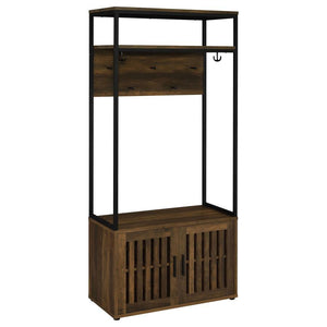 Your functional living space keeps clutter away with a rustic hall tree offering ample room for storage. Perfect for a transitional entryway or mud room, this hall tree features a lower cabinet and upper board made of rich dark pine finish wood products. 