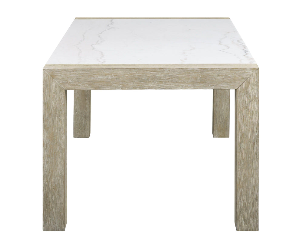 This dining set offers a clean, modern look with its sleek lines and neutral tones. The sturdy table with a genuine marble top is both stylish and timeless, paired with comfortable chairs and a matching bench that provide ample seating for family and frie
