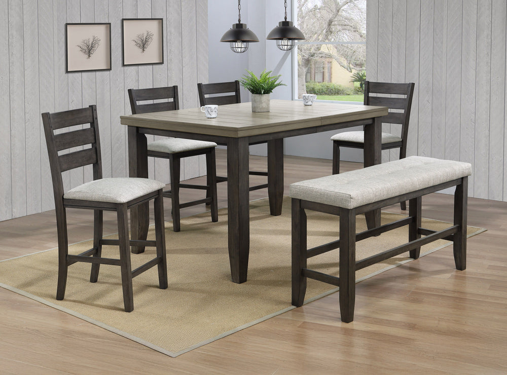 Elevate your dining experience with this stylish and versatile counter-height dining group, perfect for both casual meals and entertaining guests. The sleek, two-tone design features a warm, neutral tabletop beautifully contrasted by a bold, rustic base, 