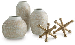 Elevate your decor with this striking accessory set. Its sleek white vases, adorned with delicate goldtone accents, are perfect for displaying your favorite faux blooms or standing alone as minimalist statements. They-'re paired with bold geometric sculpt