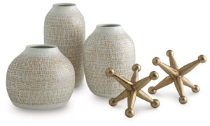 Elevate your decor with this striking accessory set. Its sleek white vases, adorned with delicate goldtone accents, are perfect for displaying your favorite faux blooms or standing alone as minimalist statements. They-'re paired with bold geometric sculpt