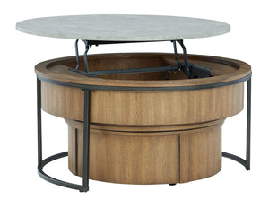  the coffee table features a suspended drum design and a durable faux cement MEGA-TUFFÂ® melamine lift top with hidden storage. Equipped with 