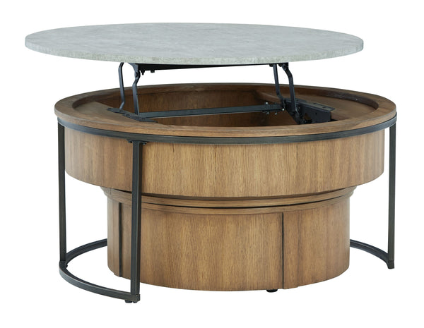  the coffee table features a suspended drum design and a durable faux cement MEGA-TUFFÂ® melamine lift top with hidden storage. Equipped with 