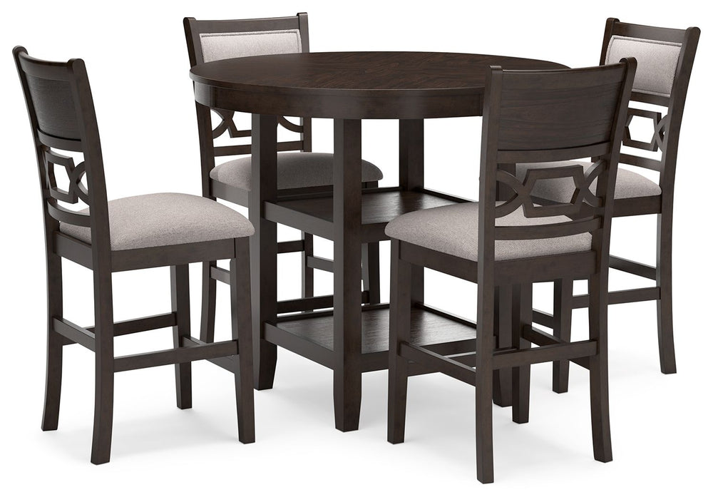 Canâ€™t decide between classic and contemporary? Embrace the beauty of transitional style with this casually sophisticated counter height dining table and bar stools. The clean-lined profile and traditional cherry finish merge with textured upholstery to 