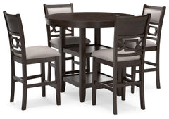 Canâ€™t decide between classic and contemporary? Embrace the beauty of transitional style with this casually sophisticated counter height dining table and bar stools. The clean-lined profile and traditional cherry finish merge with textured upholstery to 