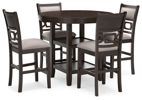 Canâ€™t decide between classic and contemporary? Embrace the beauty of transitional style with this casually sophisticated counter height dining table and bar stools. The clean-lined profile and traditional cherry finish merge with textured upholstery to 