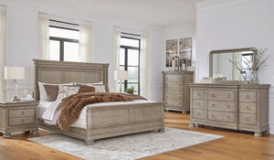 Casual traditional styling. Made with hardwood solids, birch veneer and mdf substrate. A light gray finish enhances the natural wood grain colors for a casual look. Drawers feature dovetail construction, fully finished interiors and ball bearing side glid