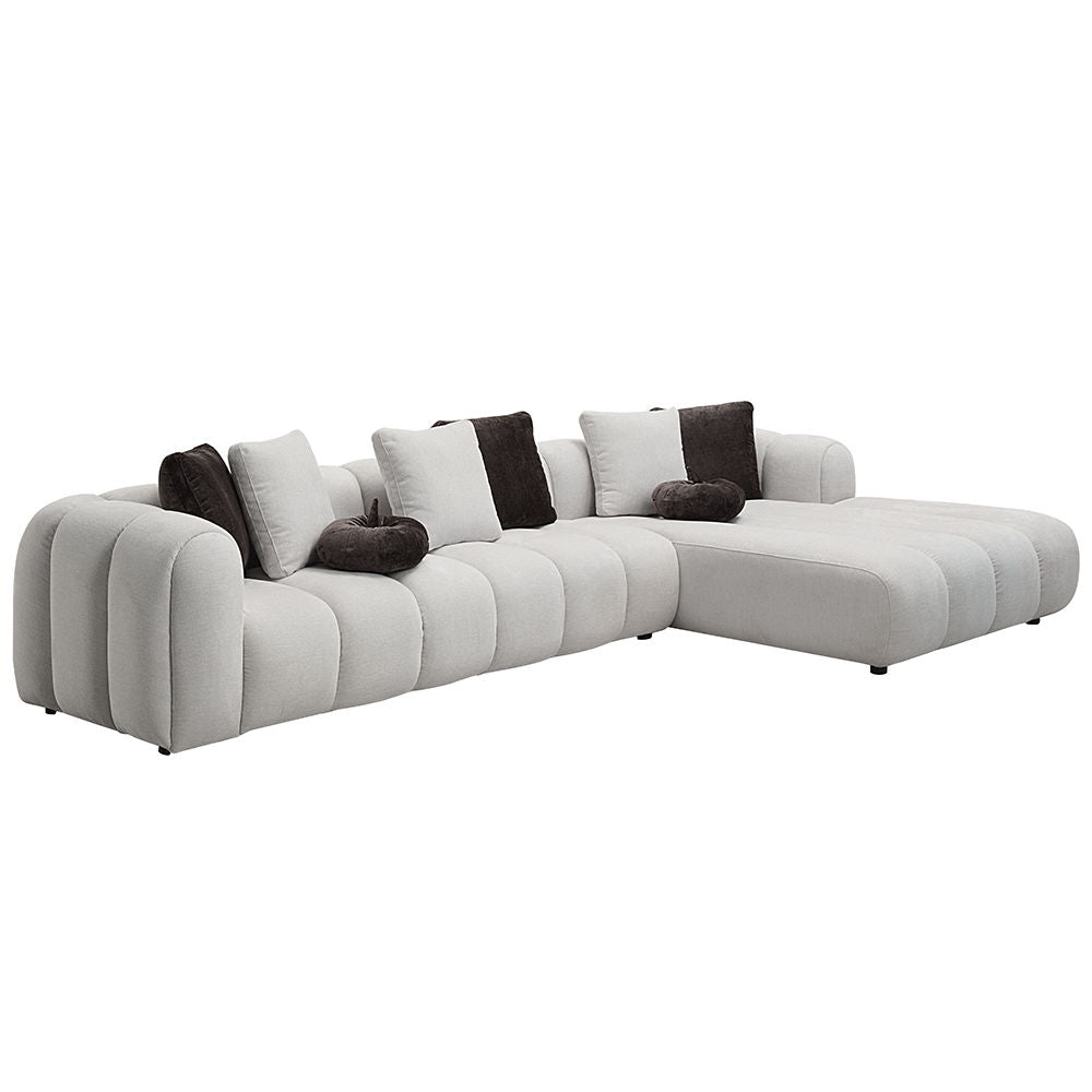 Manilla - Sectional Sofa With 8 Pillows - Ivory White Linen<br/><br/><b>Product Features</b><ul><li>Seat Construction: Pocket Coil</li><li>Wooden Inner Frame</li><li>Tight Seat & Back Cushion</li><li>Channel Tufted</li><li>Accent Pillows Included</li></ul