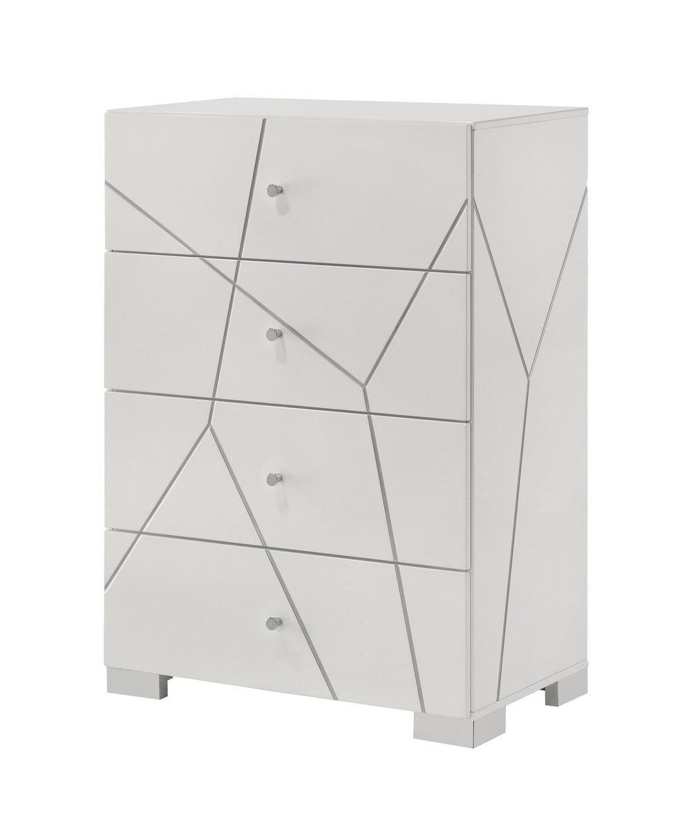 Transform your bedroom into a contemporary sanctuary with this sophisticated and stylish furniture ensemble. Defined by its bold geometric accents and pristine high-gloss white finish, this collection exudes modern elegance while maintaining a clean, mini