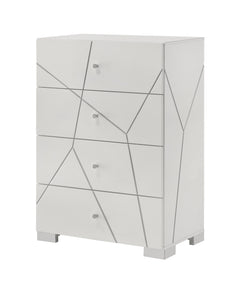 Transform your bedroom into a contemporary sanctuary with this sophisticated and stylish furniture ensemble. Defined by its bold geometric accents and pristine high-gloss white finish, this collection exudes modern elegance while maintaining a clean, mini