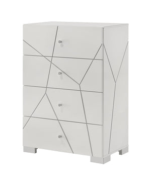 Transform your bedroom into a contemporary sanctuary with this sophisticated and stylish furniture ensemble. Defined by its bold geometric accents and pristine high-gloss white finish, this collection exudes modern elegance while maintaining a clean, mini
