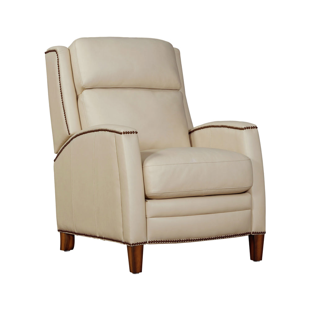 The Vermont power recliner offers a luxurious and effortless power pushback recline feature, allowing you to easily find the most comfortable position for relaxation. It is upholstered in soft leather with custom matching and features decorative nail head