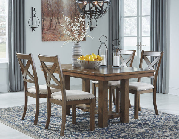 Made with Rubberwood solids and Acacia veneers. Casual rustic design with planked effect on table top. Table extends to fit 8 with two end leaves. Alternate seating available with the cushioned bench. Matching server offers plenty of storage options. Coll