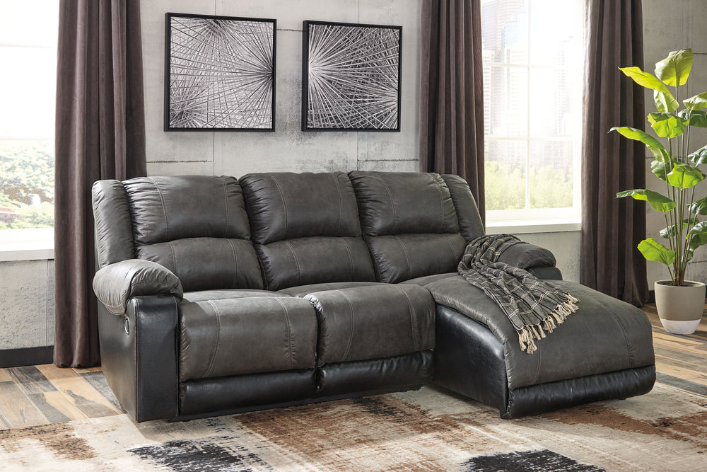 Sporting the look of perfectly -"broken-in-" leather, the Nantahala sectional has it all: looks, comfort and value. Its combination of weathered slate gray and black faux leather upholstery adds a nice contrasting element to the plump cushions, while jumb